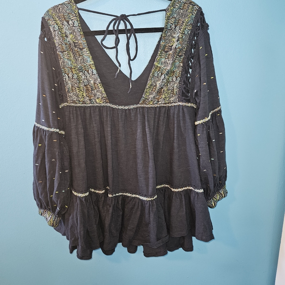 Free People Black Embellished Ruffled Blouse